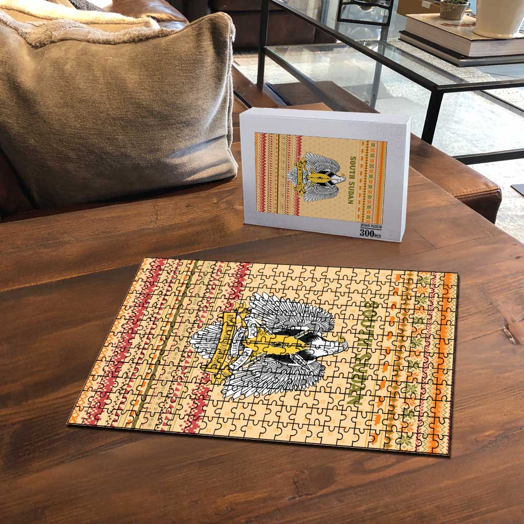 South Sudan Christmas Puzzle with Beige Tribal Pattern, National Emblem, and Green Star Motif - Wonder Print Shop