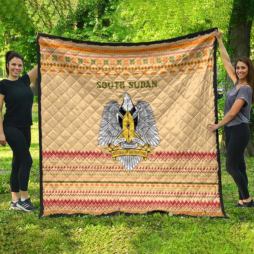 South Sudan Christmas Quilt with Beige Tribal Pattern, National Emblem, and Green Star Motif - Wonder Print Shop