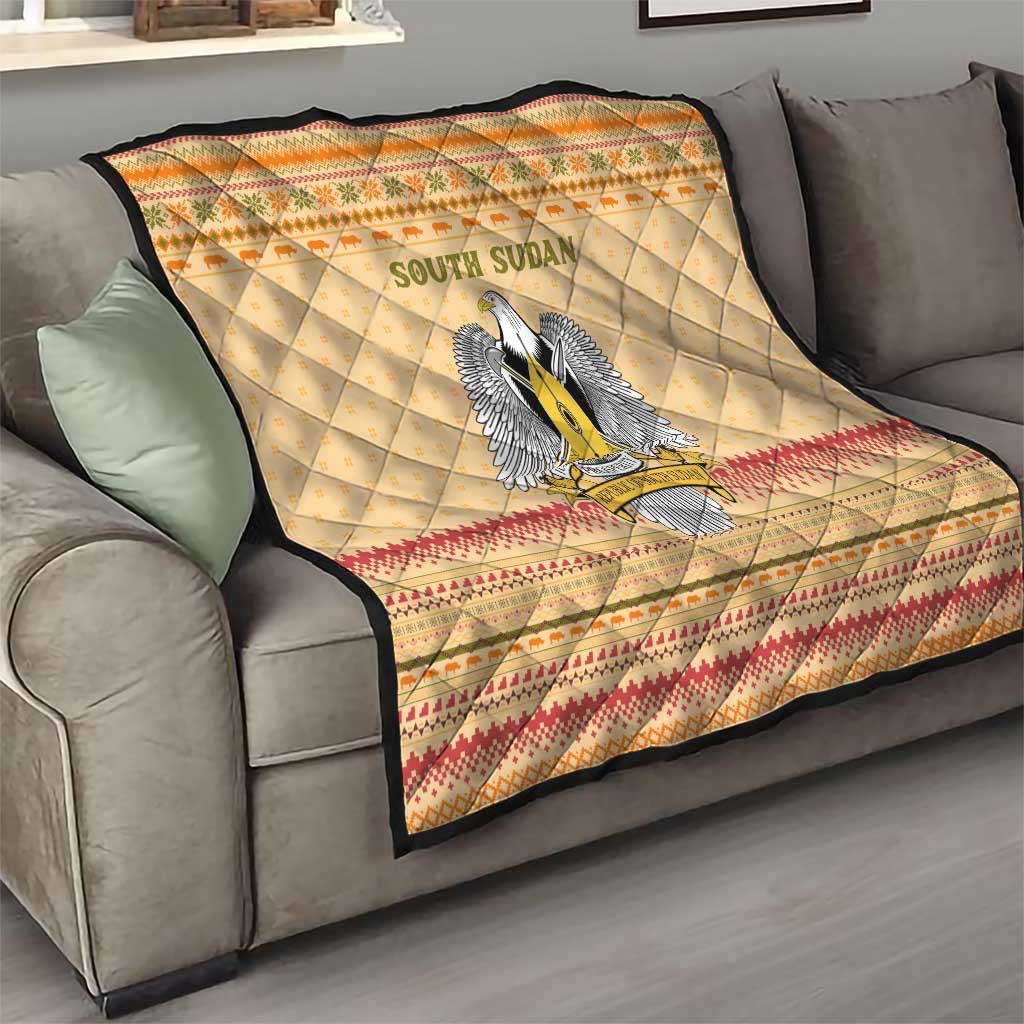 South Sudan Christmas Quilt with Beige Tribal Pattern, National Emblem, and Green Star Motif - Wonder Print Shop