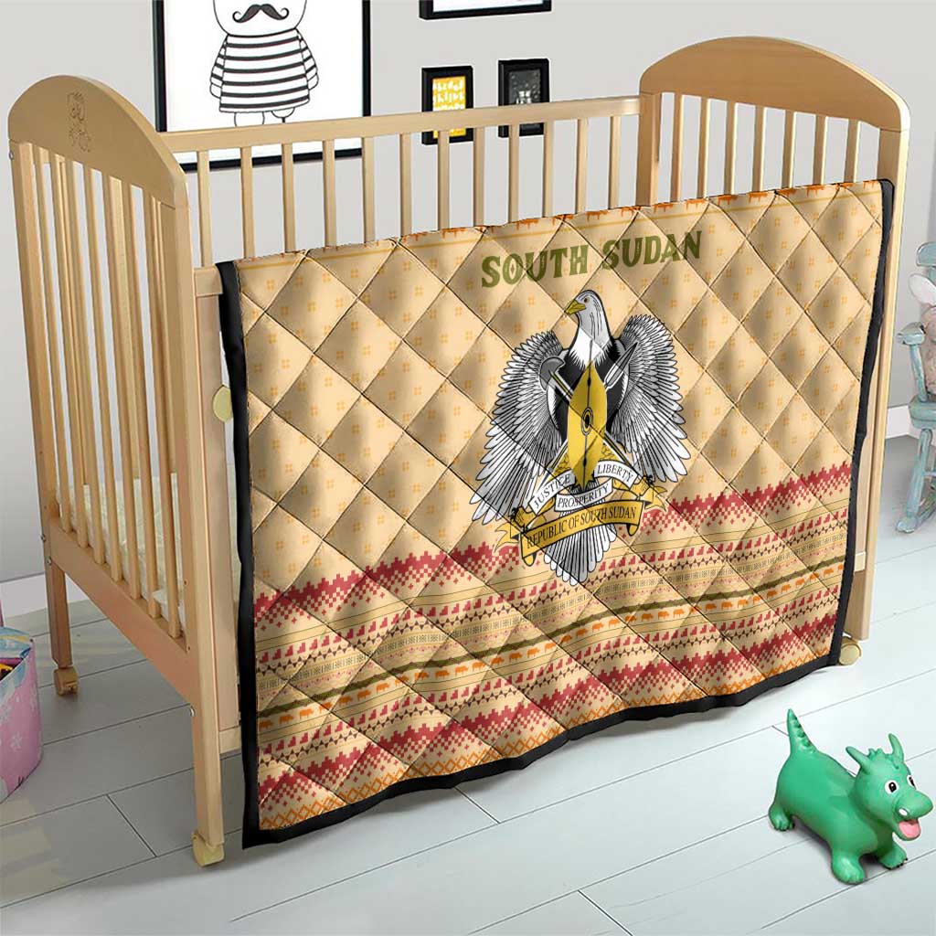 South Sudan Christmas Quilt with Beige Tribal Pattern, National Emblem, and Green Star Motif - Wonder Print Shop