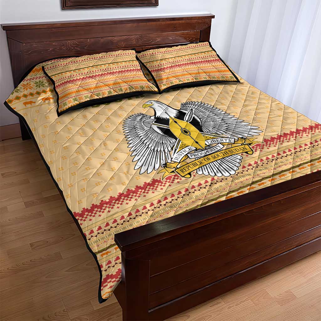 South Sudan Christmas Quilt Bed Set with Beige Tribal Pattern, National Emblem, and Green Star Motif - Wonder Print Shop