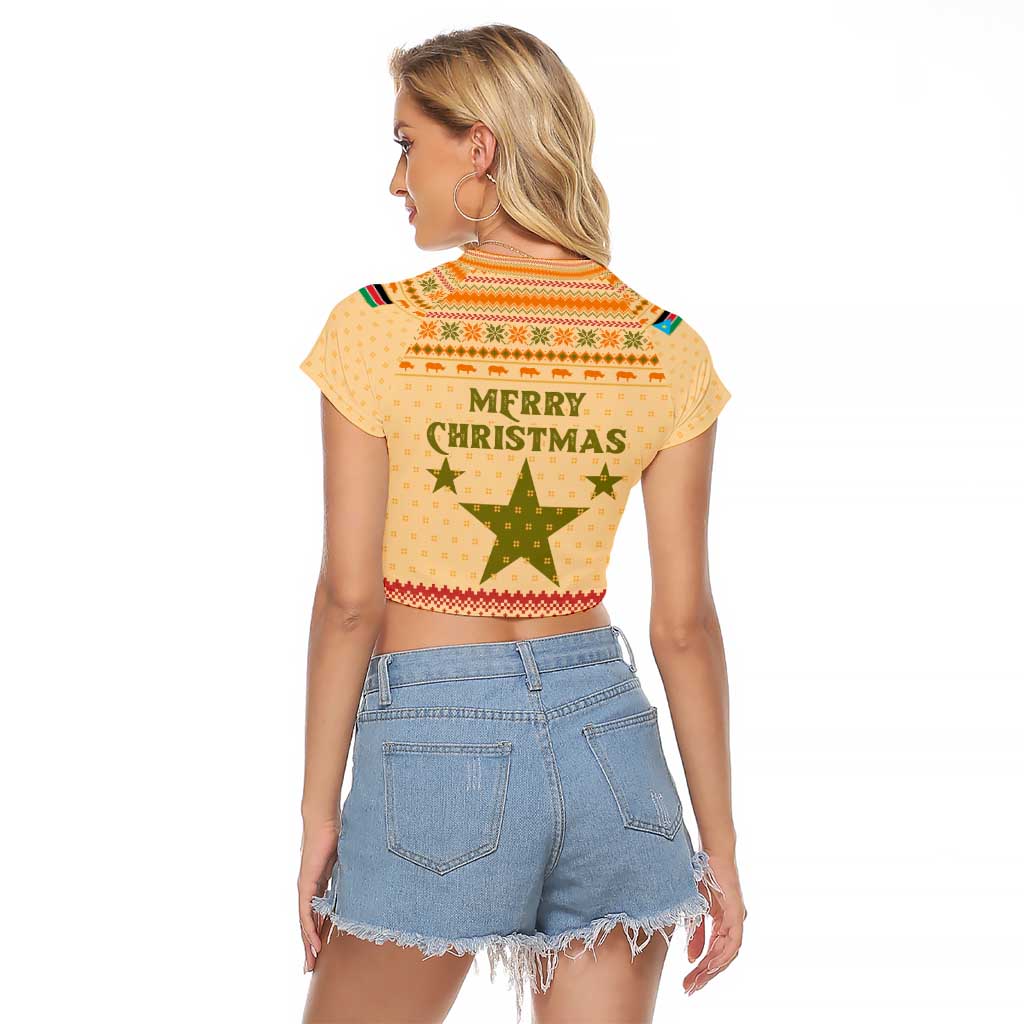 South Sudan Christmas Raglan Cropped T Shirt with Beige Tribal Pattern, National Emblem, and Green Star Motif - Wonder Print Shop