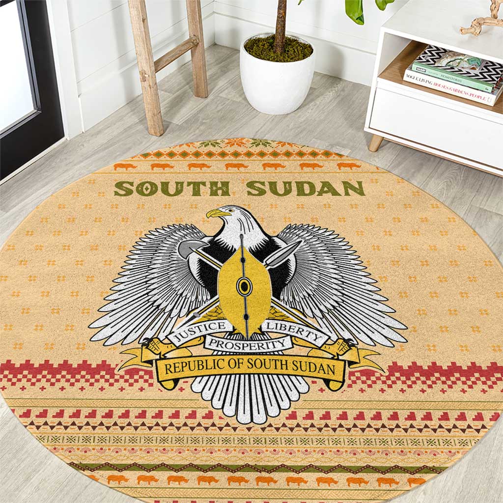South Sudan Christmas Round Carpet with Beige Tribal Pattern, National Emblem, and Green Star Motif - Wonder Print Shop