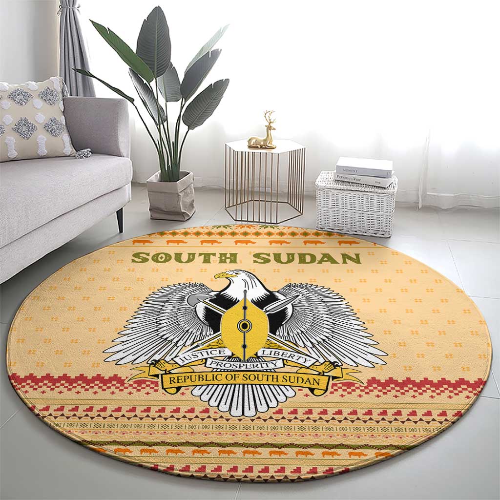 South Sudan Christmas Round Carpet with Beige Tribal Pattern, National Emblem, and Green Star Motif - Wonder Print Shop