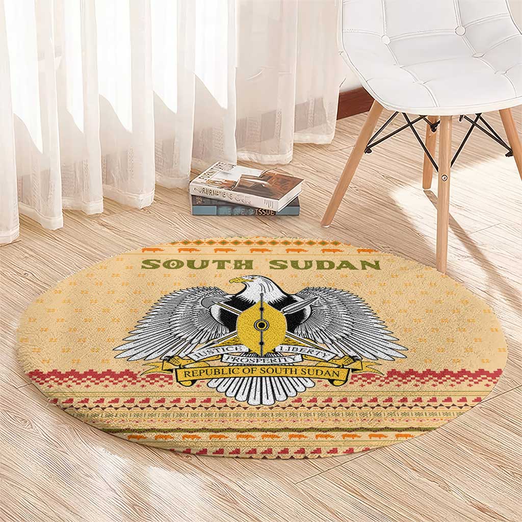 South Sudan Christmas Round Carpet with Beige Tribal Pattern, National Emblem, and Green Star Motif - Wonder Print Shop