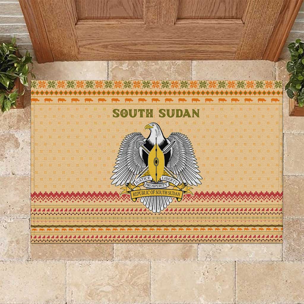 South Sudan Christmas Rubber Doormat with Beige Tribal Pattern, National Emblem, and Green Star Motif - Wonder Print Shop