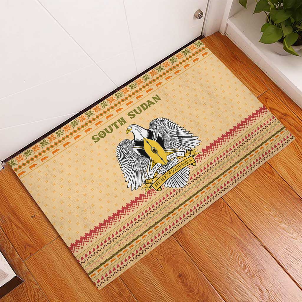 South Sudan Christmas Rubber Doormat with Beige Tribal Pattern, National Emblem, and Green Star Motif - Wonder Print Shop