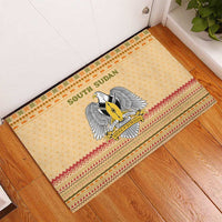 South Sudan Christmas Rubber Doormat with Beige Tribal Pattern, National Emblem, and Green Star Motif - Wonder Print Shop