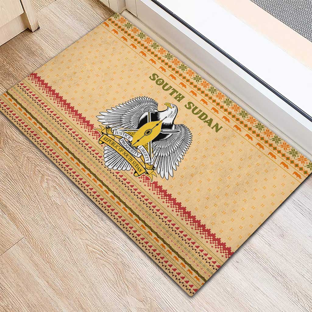 South Sudan Christmas Rubber Doormat with Beige Tribal Pattern, National Emblem, and Green Star Motif - Wonder Print Shop