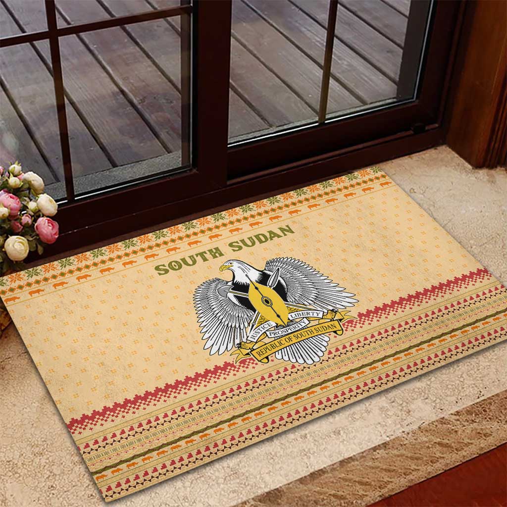 South Sudan Christmas Rubber Doormat with Beige Tribal Pattern, National Emblem, and Green Star Motif - Wonder Print Shop