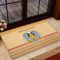 South Sudan Christmas Rubber Doormat with Beige Tribal Pattern, National Emblem, and Green Star Motif - Wonder Print Shop