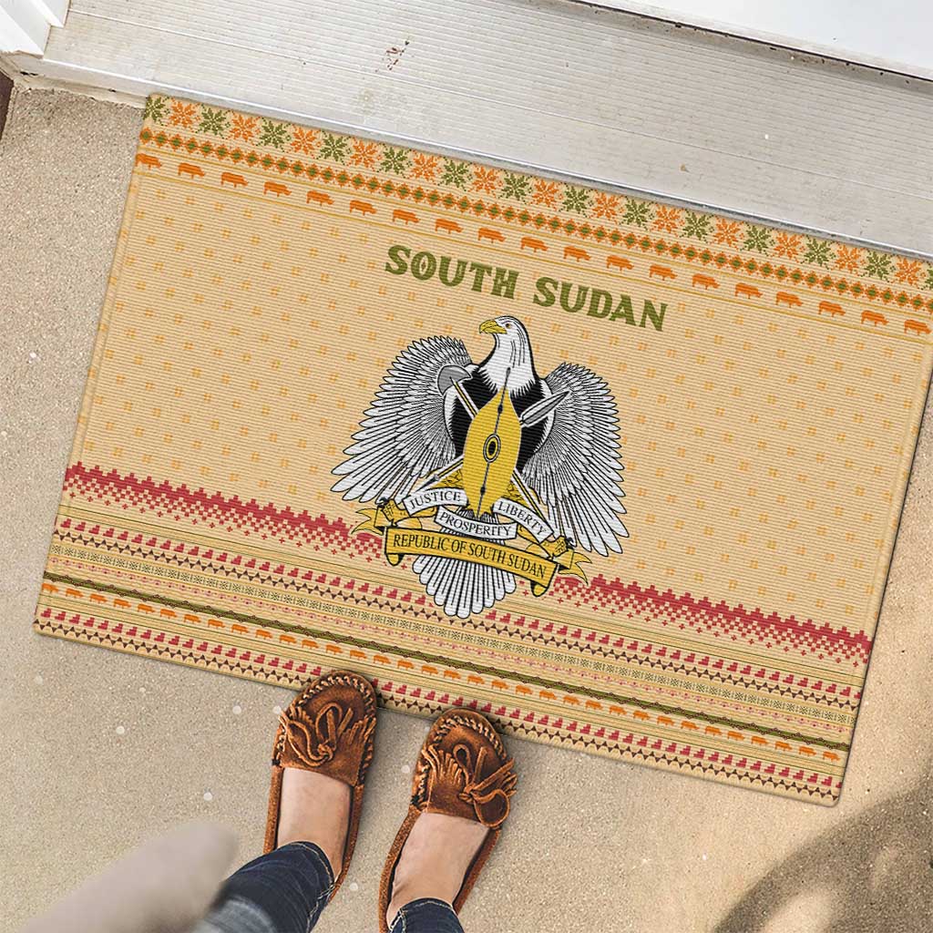 South Sudan Christmas Rubber Doormat with Beige Tribal Pattern, National Emblem, and Green Star Motif - Wonder Print Shop