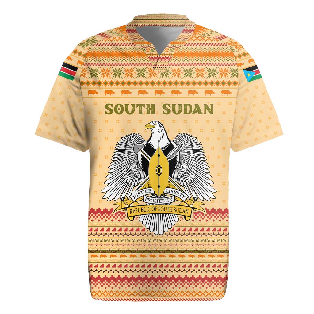 South Sudan Christmas Rugby Jersey with Beige Tribal Pattern, National Emblem, and Green Star Motif - Wonder Print Shop
