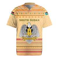 South Sudan Christmas Rugby Jersey with Beige Tribal Pattern, National Emblem, and Green Star Motif - Wonder Print Shop