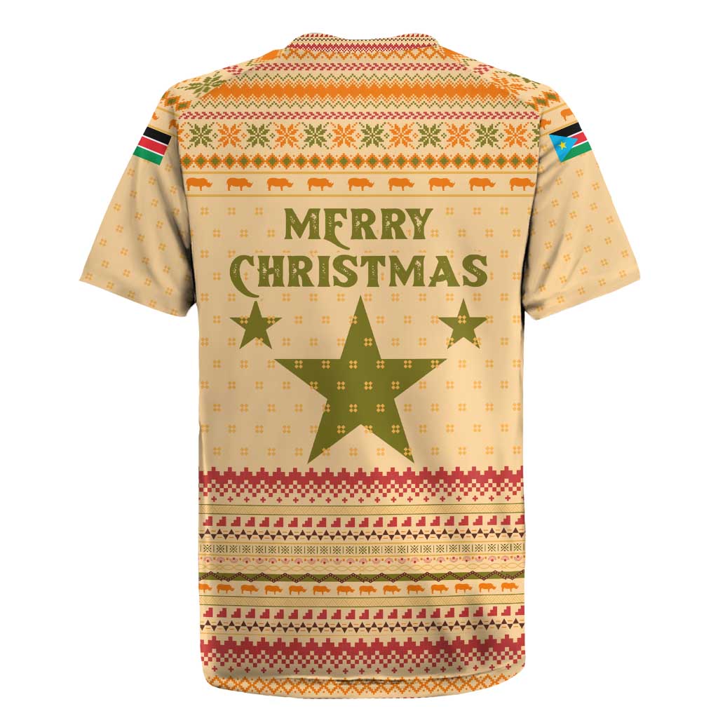 South Sudan Christmas Rugby Jersey with Beige Tribal Pattern, National Emblem, and Green Star Motif - Wonder Print Shop