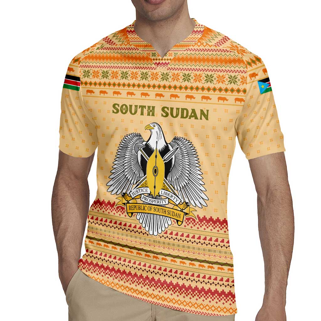 South Sudan Christmas Rugby Jersey with Beige Tribal Pattern, National Emblem, and Green Star Motif - Wonder Print Shop