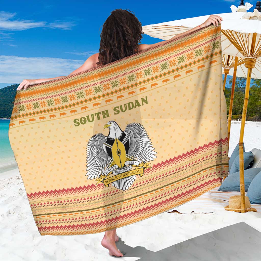 South Sudan Christmas Sarong with Beige Tribal Pattern, National Emblem, and Green Star Motif - Wonder Print Shop