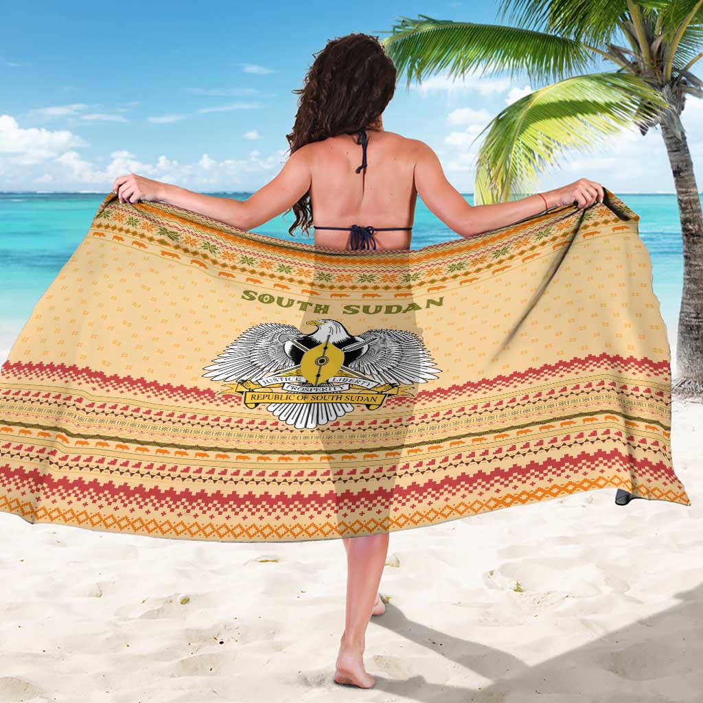 South Sudan Christmas Sarong with Beige Tribal Pattern, National Emblem, and Green Star Motif - Wonder Print Shop