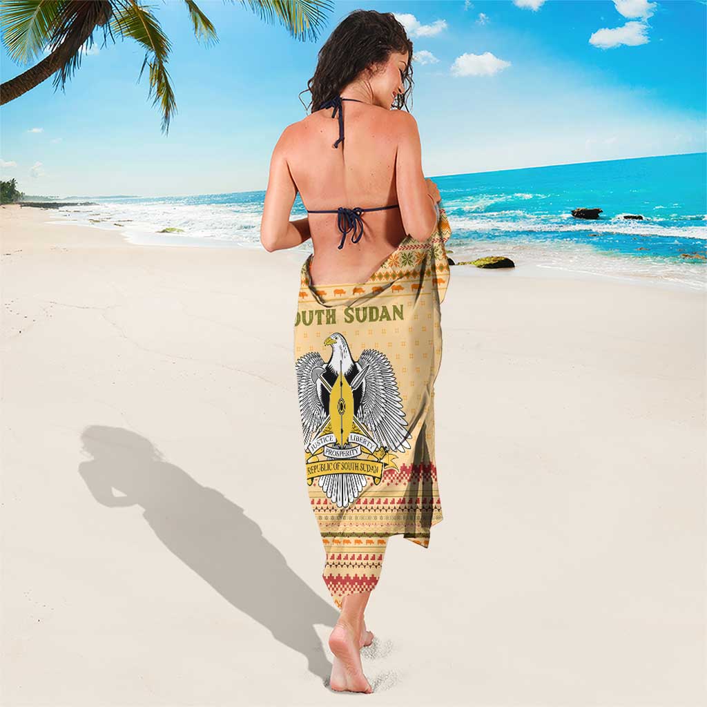 South Sudan Christmas Sarong with Beige Tribal Pattern, National Emblem, and Green Star Motif - Wonder Print Shop
