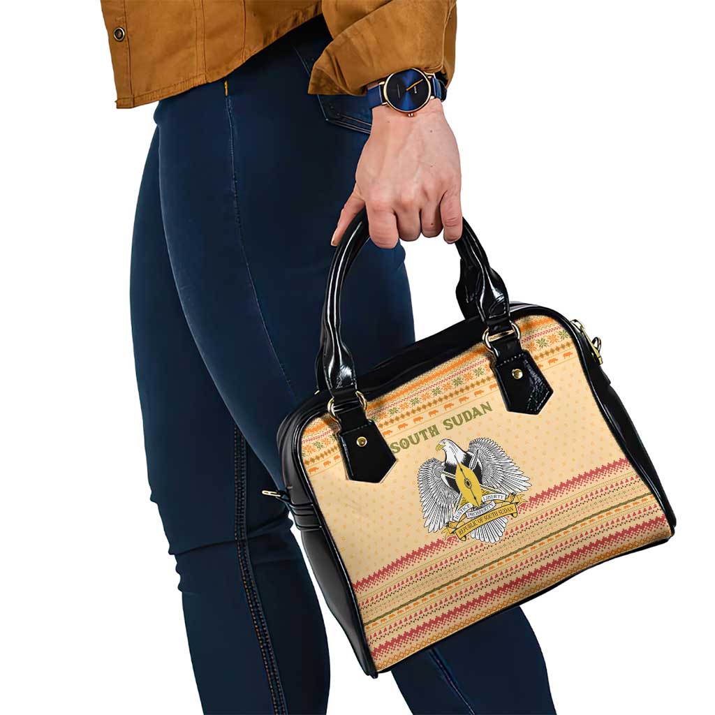 South Sudan Christmas Shoulder Handbag with Beige Tribal Pattern, National Emblem, and Green Star Motif - Wonder Print Shop