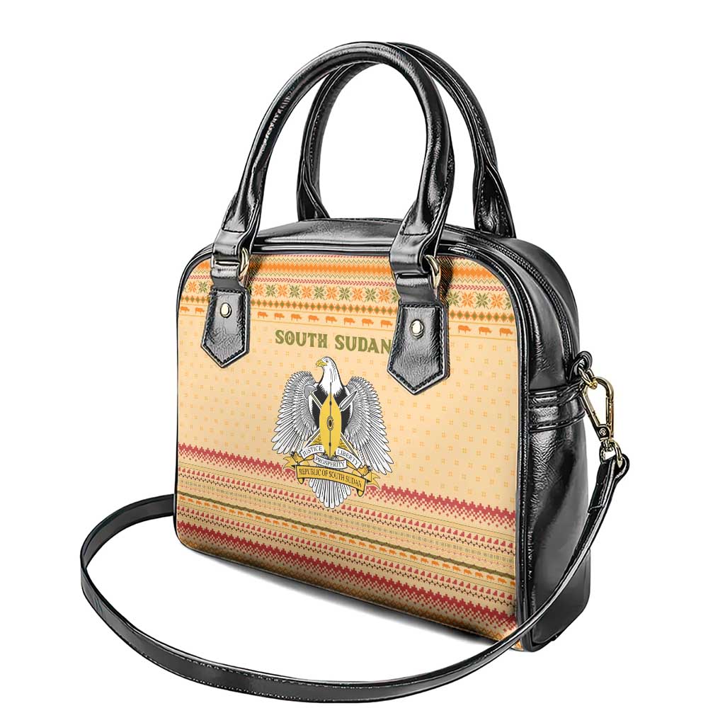 South Sudan Christmas Shoulder Handbag with Beige Tribal Pattern, National Emblem, and Green Star Motif - Wonder Print Shop