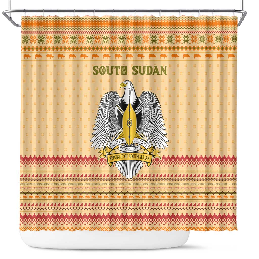 South Sudan Christmas Shower Curtain with Beige Tribal Pattern, National Emblem, and Green Star Motif - Wonder Print Shop
