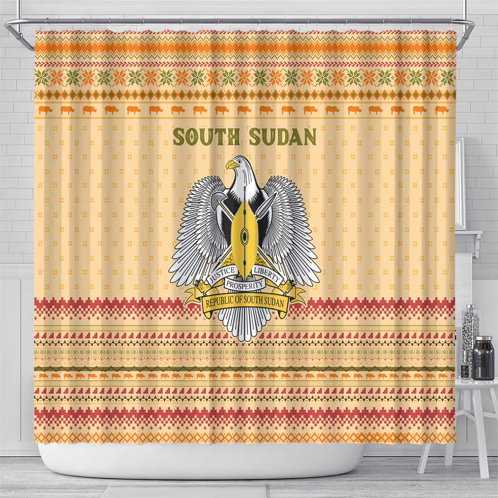 South Sudan Christmas Shower Curtain with Beige Tribal Pattern, National Emblem, and Green Star Motif - Wonder Print Shop