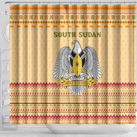 South Sudan Christmas Shower Curtain with Beige Tribal Pattern, National Emblem, and Green Star Motif - Wonder Print Shop