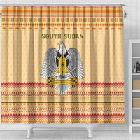 South Sudan Christmas Shower Curtain with Beige Tribal Pattern, National Emblem, and Green Star Motif - Wonder Print Shop