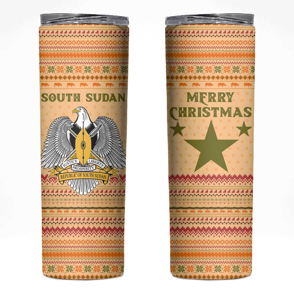 South Sudan Christmas Skinny Tumbler with Beige Tribal Pattern, National Emblem, and Green Star Motif - Wonder Print Shop