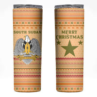South Sudan Christmas Skinny Tumbler with Beige Tribal Pattern, National Emblem, and Green Star Motif - Wonder Print Shop