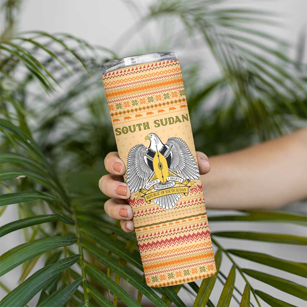 South Sudan Christmas Skinny Tumbler with Beige Tribal Pattern, National Emblem, and Green Star Motif - Wonder Print Shop
