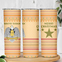 South Sudan Christmas Skinny Tumbler with Beige Tribal Pattern, National Emblem, and Green Star Motif - Wonder Print Shop