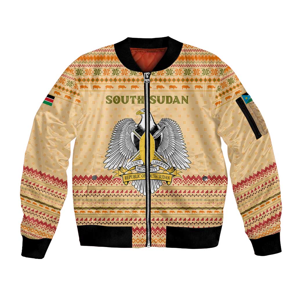 South Sudan Christmas Sleeve Zip Bomber Jacket with Beige Tribal Pattern, National Emblem, and Green Star Motif - Wonder Print Shop
