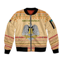 South Sudan Christmas Sleeve Zip Bomber Jacket with Beige Tribal Pattern, National Emblem, and Green Star Motif - Wonder Print Shop