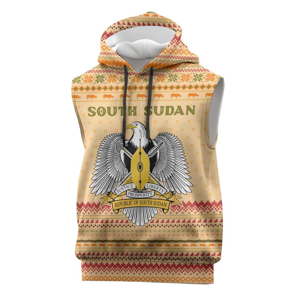 South Sudan Christmas Sleeveless Hoodie with Beige Tribal Pattern, National Emblem, and Green Star Motif - Wonder Print Shop