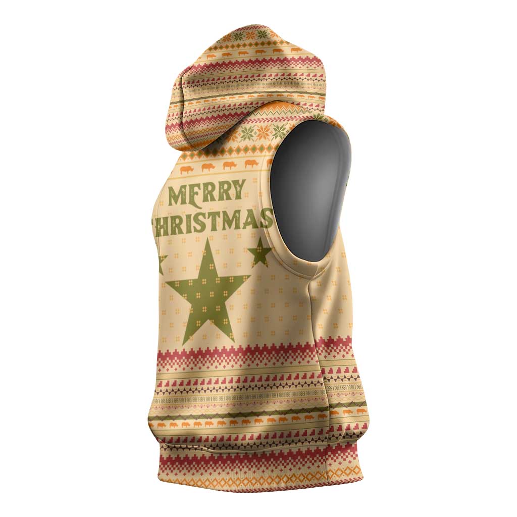 South Sudan Christmas Sleeveless Hoodie with Beige Tribal Pattern, National Emblem, and Green Star Motif - Wonder Print Shop