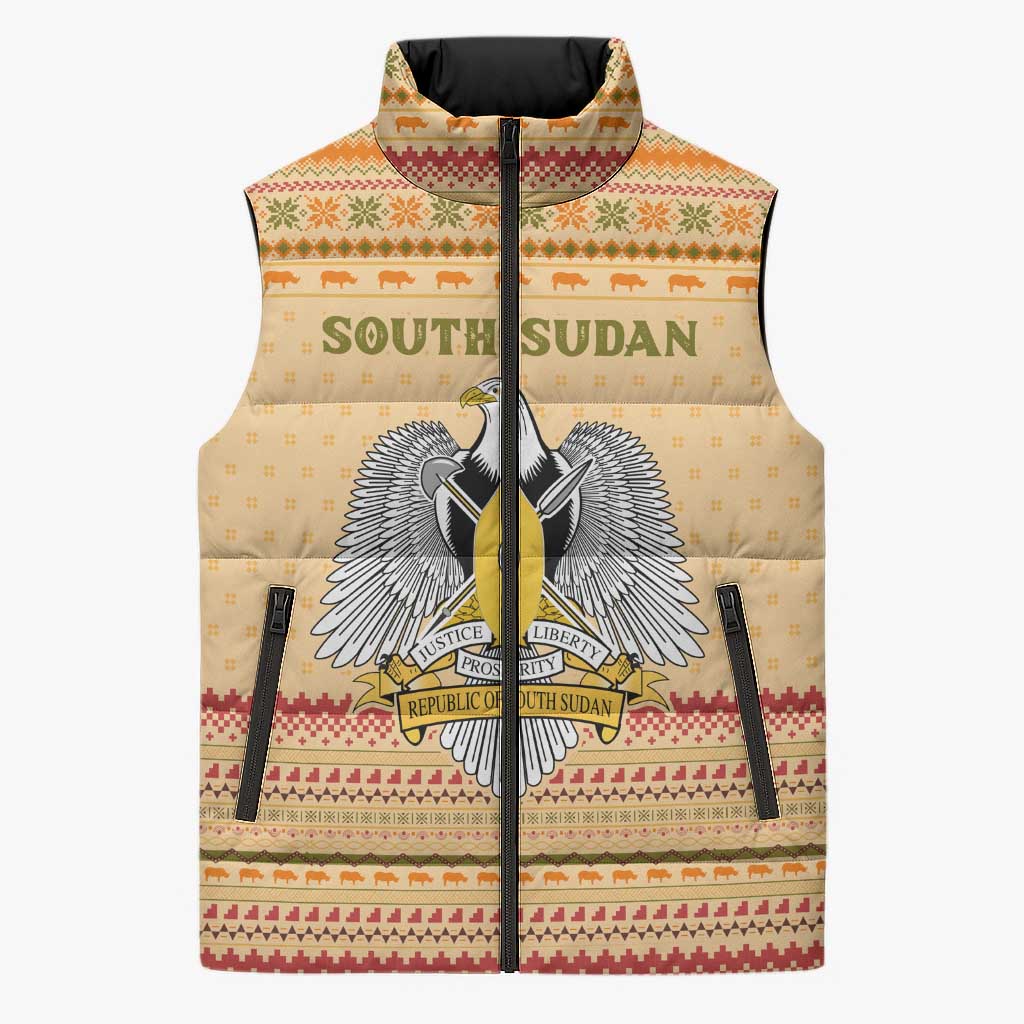 South Sudan Christmas Sleeveless Puffer Jacket with Beige Tribal Pattern, National Emblem, and Green Star Motif - Wonder Print Shop