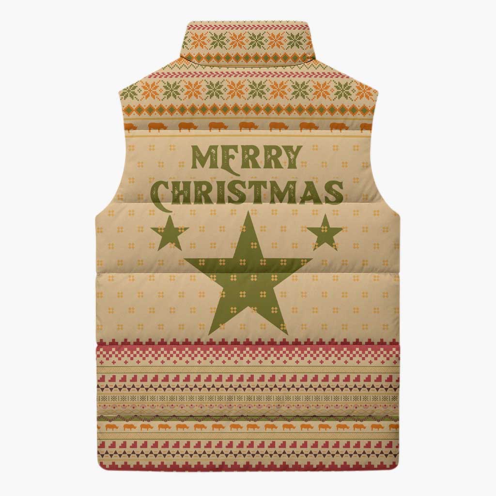 South Sudan Christmas Sleeveless Puffer Jacket with Beige Tribal Pattern, National Emblem, and Green Star Motif - Wonder Print Shop