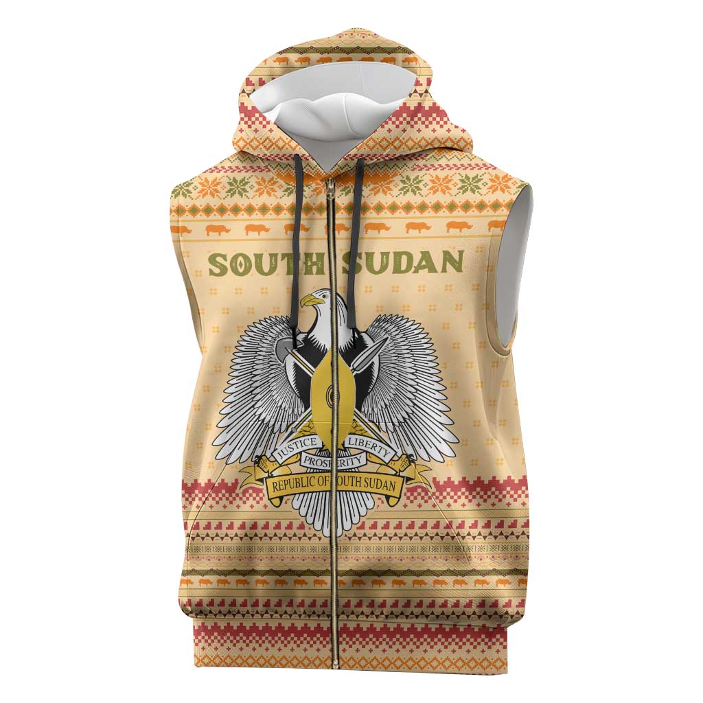 South Sudan Christmas Sleeveless Zip Hoodie with Beige Tribal Pattern, National Emblem, and Green Star Motif - Wonder Print Shop