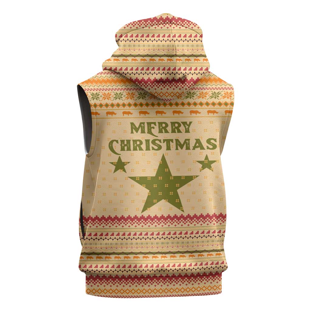South Sudan Christmas Sleeveless Zip Hoodie with Beige Tribal Pattern, National Emblem, and Green Star Motif - Wonder Print Shop