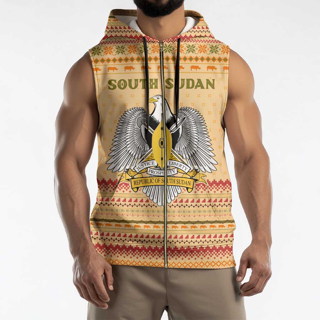 South Sudan Christmas Sleeveless Zip Hoodie with Beige Tribal Pattern, National Emblem, and Green Star Motif - Wonder Print Shop