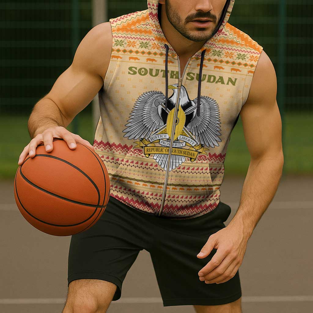 South Sudan Christmas Sleeveless Zip Hoodie with Beige Tribal Pattern, National Emblem, and Green Star Motif - Wonder Print Shop