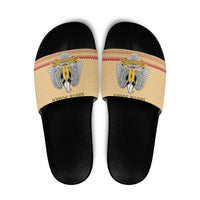 South Sudan Christmas Slide Sandals with Beige Tribal Pattern, National Emblem, and Green Star Motif - Wonder Print Shop