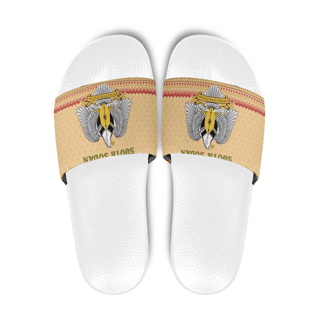 South Sudan Christmas Slide Sandals with Beige Tribal Pattern, National Emblem, and Green Star Motif - Wonder Print Shop