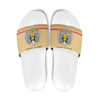 South Sudan Christmas Slide Sandals with Beige Tribal Pattern, National Emblem, and Green Star Motif - Wonder Print Shop