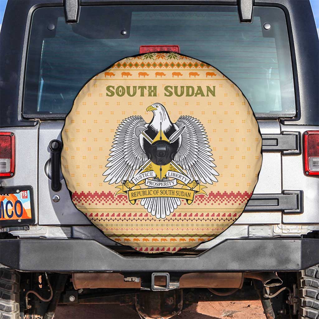 South Sudan Christmas Spare Tire Cover with Beige Tribal Pattern, National Emblem, and Green Star Motif - Wonder Print Shop