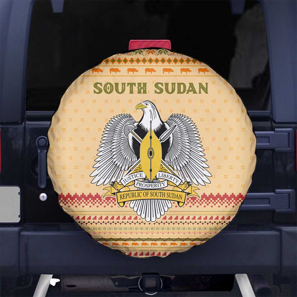 South Sudan Christmas Spare Tire Cover with Beige Tribal Pattern, National Emblem, and Green Star Motif - Wonder Print Shop