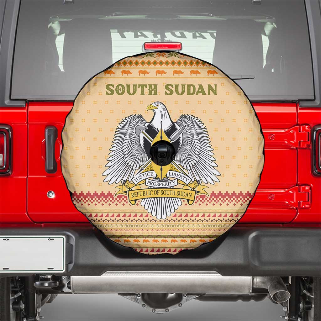 South Sudan Christmas Spare Tire Cover with Beige Tribal Pattern, National Emblem, and Green Star Motif - Wonder Print Shop
