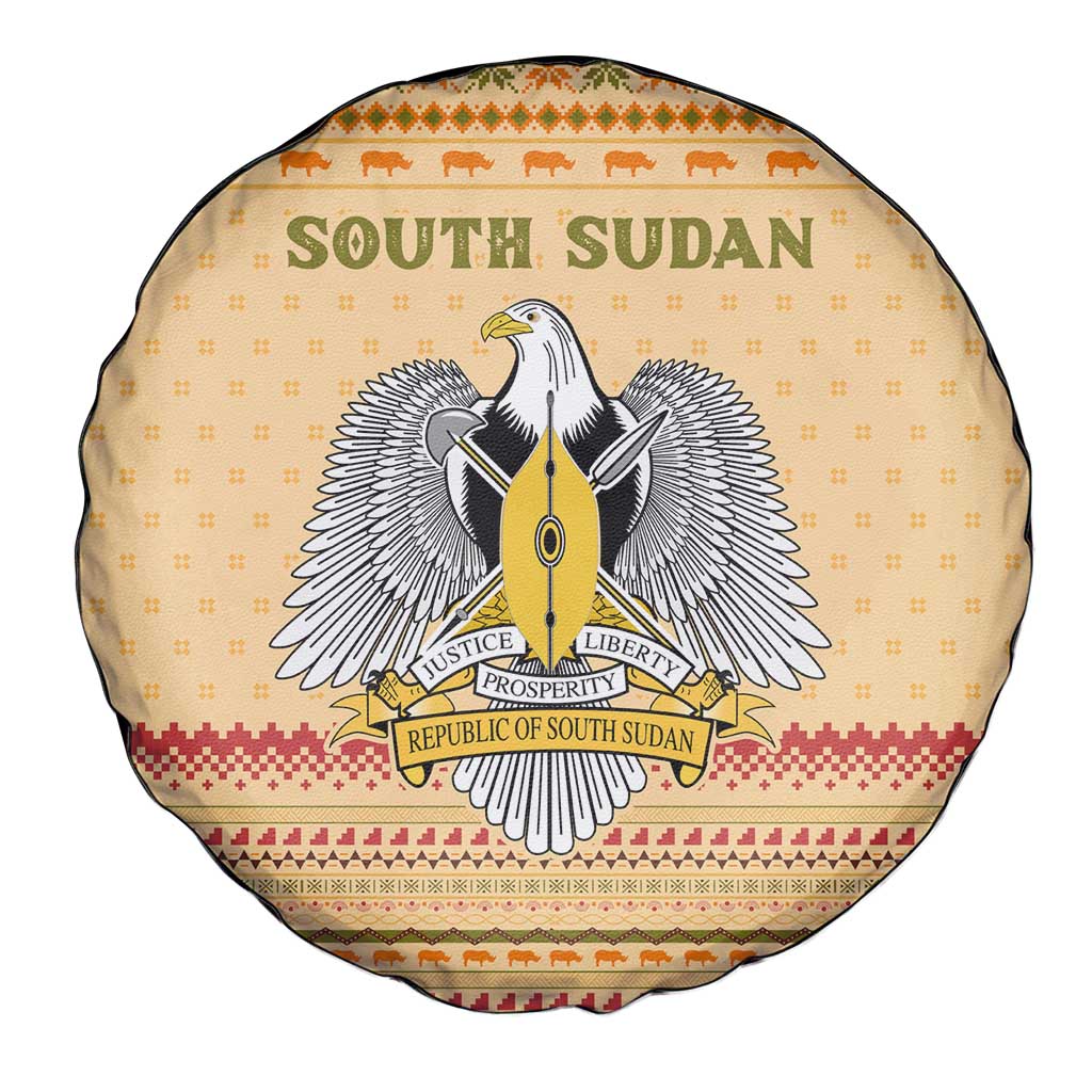 South Sudan Christmas Spare Tire Cover with Beige Tribal Pattern, National Emblem, and Green Star Motif - Wonder Print Shop